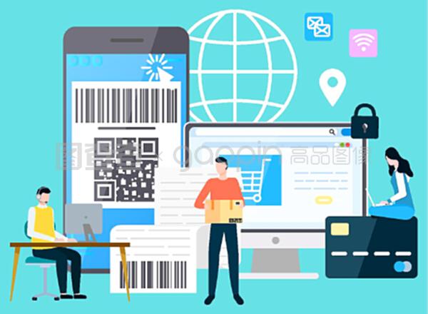 有支付保障的智能手機(jī)和計(jì)算機(jī),購物和送貨。網(wǎng)上支付系統(tǒng),帶筆記本電腦的字符。平面卡通風(fēng)格的矢量插圖。國際商務(wù)現(xiàn)代技術(shù)小工具